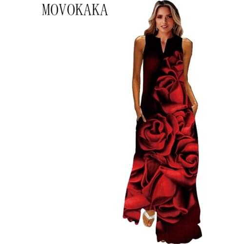 MOVOKAKA Red Rose Print Black Dress Summer Holiday Beach Casual Vintage Dresses Woman Party Elegant Sleeveless Long Dress Women