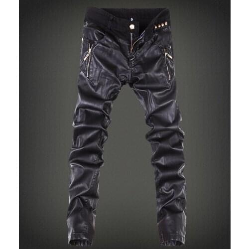 New ! Free Shipping Mens Fashion Slim Tight Patchwork Black Leather Pants Trousers / 28-34
