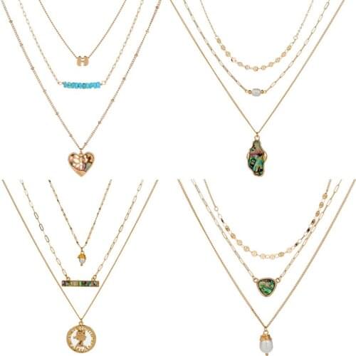 7 Style Multi Layered Necklace with Gold Color Heart and Moon Shaped Baroque Pearls Pendant Necklace for Women Jewelry