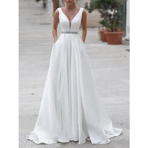 Simple Wedding Dress A Line V Neck Sleeveless Sash Floor Length Bridal Dresses With Train