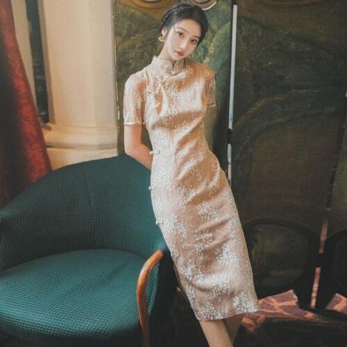 Retro Improved Cheongsam Chinese Lady Summer Dress Elegant Waist Qipao Vintage Buckle Women Party Dresses Vestidos HB967