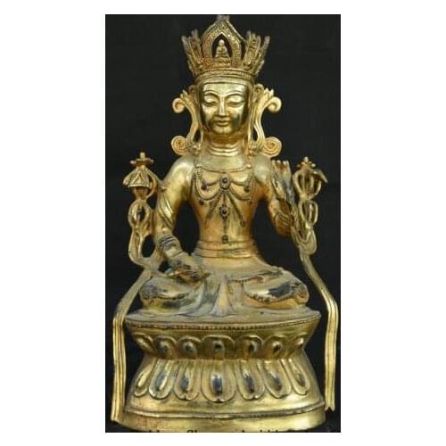 12" Old Tibetan Bronze Gilt Temple Seat Kwan-yin Guan Yin Goddess Statue