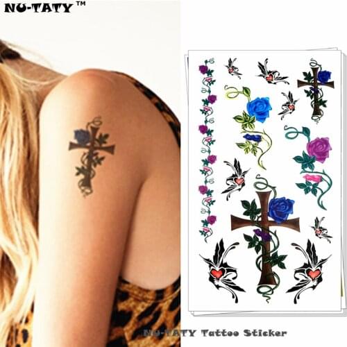 Nu-TATY Retro Rose Cross Temporary Tattoo Body Art Arm Flash Tattoo Stickers 17*10cm Waterproof Fake Henna Painless Sticker