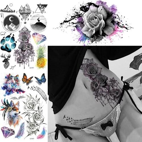 Large Rose Temporary Tattoos For Women Girl Big Flower Fake Jewelrys Waterproof Watercolor Tattoo Paper Paste Sexy Big Arm Legs