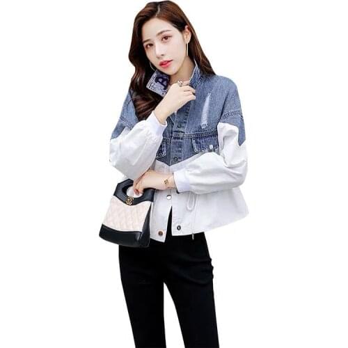 2021Spring Summer Denim Jacket Women Waist Embroidered Stitching Jeans Coat Female Hole Washed Cowboy Short Outwear Top Lady 682