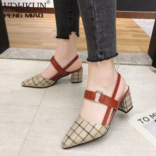 2021 Spring Summer Women Shoes Leather Strap Sandals Woman Pointed Plaid Slingback Pumps Sandal Square Heels 6CM New Hot