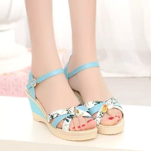 Mixed Colors Women Wedges Platform Sandals,Summer Heels,Ankle Buckle Heeled Girls Shoes,Female Footware,White,Pink,Blue N3-27