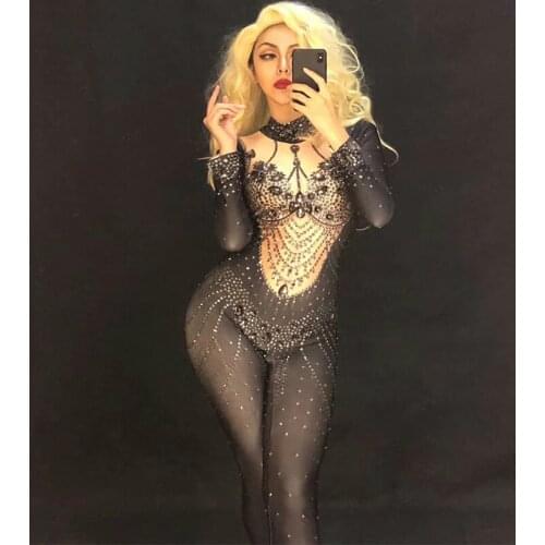 Sexy Sparkly Rhinestone Jumpsuit Womens Stretch Leggings Bodysuit Costume Dance Stage Wear Female Singer Birthday Party Outfit