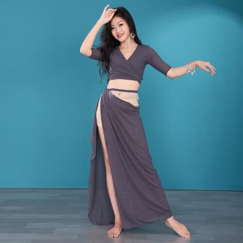Women Summer Dancing Suit Belly Dance Costume 2 Pcs Top Long Skirt Breathable Simple Practice Wear