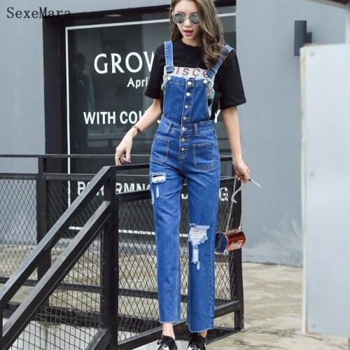 Plus Size Women Wide Leg Loose Ripped Denim Overalls Europe Jumpsuit Boyfriend Hole Pockets Jeans Rompers Single-breasted pants
