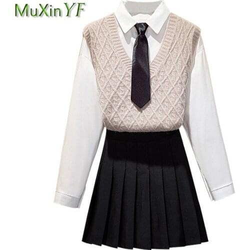 Lady Spring Autumn Fashion Clothing Set 2021 New Preppy Style Student Casual White Shirt Sweater Vest Black Pleated Skirts Suit