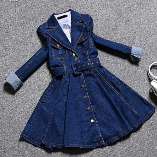 New arrival 2021 spring long sleeve denim dress women single breasted slim a-line dress