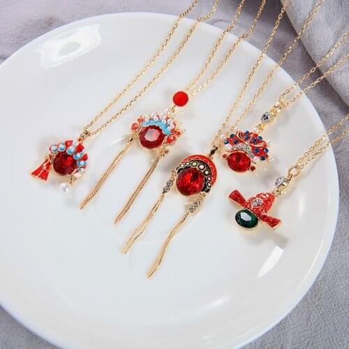 Peking Opera Enamel Pendant Necklace Chinese Red Crystal Ethnic Necklace For Women Tourist Souvenir New Arrival Fashion Jewelry
