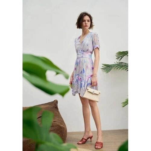 Women Dresses Summer Short Sleeve Mini V-Neck Floral A-Line Pleated Elegant High Street Chic Lady Office Fashion