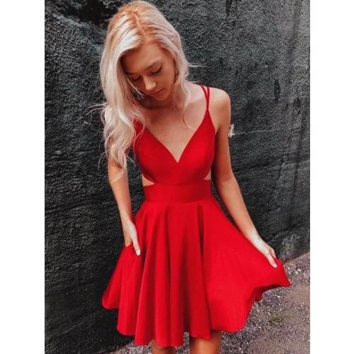 Unique Design Red Party Dresses with Pockets Sexy Back A-line Homecoming Dress robe de soiree