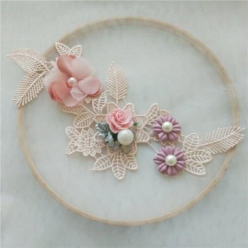 Beaded 3D Lace Applique, Pink Rose Flower Lace Motiy Patch With Faux Pearl Details For Bridal, Lyrical, Wedding Gown Bodice Pric