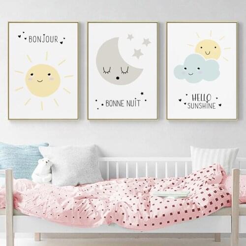 Bonne Nuit Print Nursery Wall Art Canvas Poster Cartoon Hello Sunshine Minimalist Painting Nordic Kids Bedroom Decoration