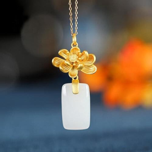 S925 Sterling Silver Inlaid Hetian White Jade Pendant Vintage Antique Elegant Female Clavicle Chain Necklace Pendant New Product