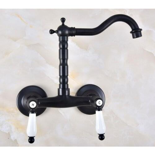 Black Oil Rubbed Bronze Bathroom Kitchen Sink Faucet Mixer Tap Swivel Spout Wall Mounted Double Handles mnf836