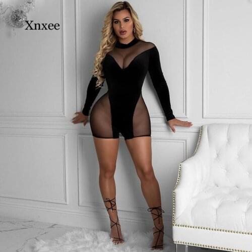 Black Sexy Romper Velour Mesh See Through Bodycon Jumpsuit V Neck Bodysuit Long Sleeve Women Club Sheer Velvet Playsuits
