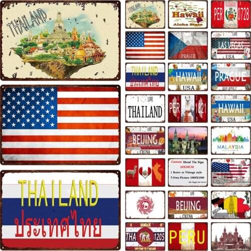 European Country Decorative Metal Plaque Usa Hawaii Thailand Peru Beijing Tin Sign Retro Iron Painting 20*30cm Fade-resistant