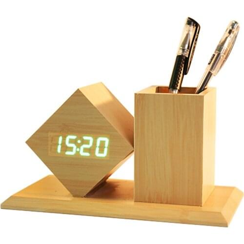 Wooden Alarm Clock Digital LED Silent Clocks with Pen Holder for Home Office Desk Clocks Home Table Decoration