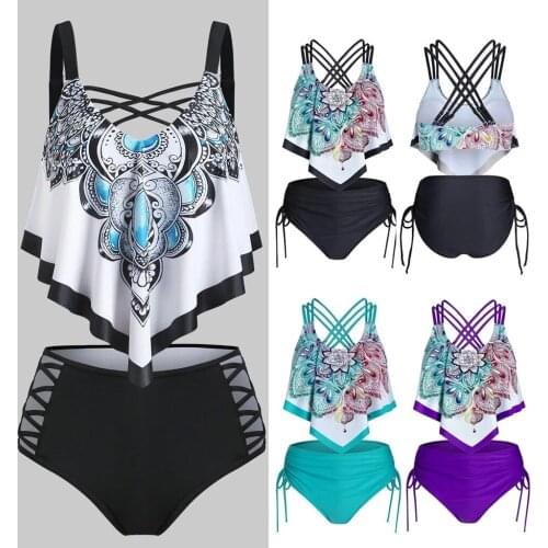 Women Bikinis 2021 Print Push-Up Padded Overlay Flounce Bikini Swimwear Bandage Printed gathered swimsuit