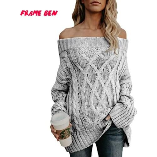 FEAME BEN Women Sweater Autumn Winter 2019 New Sexy Slash Neck Long Sleeve Jumper Knitted Loose Fashion Pullover