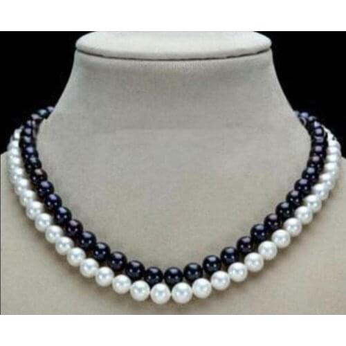 Beautiful Natural 2 Row 7-8mm Black & White Freshwater Pearl Necklace 17-18"AAA