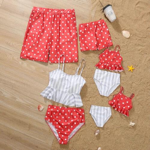 Red Pot Summer Swimsuits Family Matching Outfits Mother Daughter Swimwear Mommy And Me Dresses Clothes Look Father Son Clothes