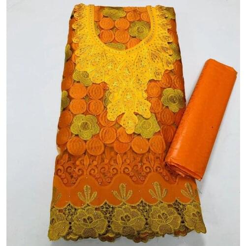 Latest African Lace Fabric Bazin Riche Orange African French Tulle Net Lace 2.5+2.5Yards Collar Embroidery For DIY Dress B14-6