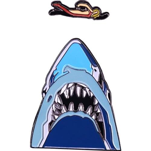 Swimming over shark mouth enamel pin set summer thrills art gift