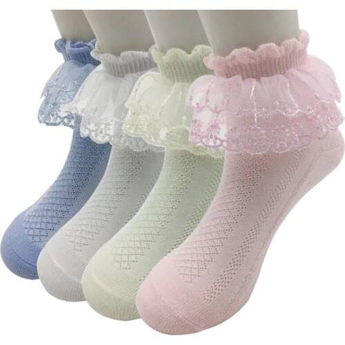 4 Pairs Girls Socks Spring Autumn Lace Cotton Solid Solor Fashion Childrens Socks For Girls