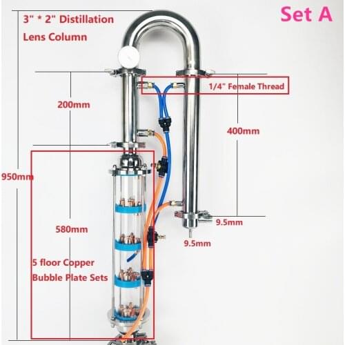 NEW 2" 51mm OD64mm Flute Distiller With 5 Floor Distillation Lens Column For Homebrew, Copper Or SS304 Bubble Plate Sets*5