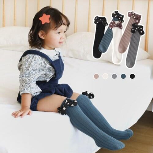 Autumn Winter Cute No Heel Girls Socks Bow Childrens Knee High Cotton Long Socks Infant Toddler Wave Point Bowknot Sock