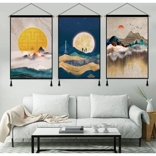 Modern Abstract Art Canvas Painting Poster Wall Picture Landscape Print Wooden Scroll Hanging Painting Home Living Room Decor