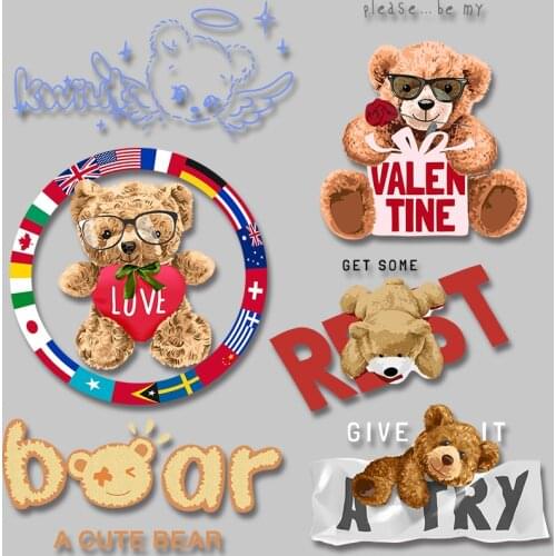 Bear Stickers Printed Decoration cute patches Thermal transfer printing Ironing stickers Washable Chest badges