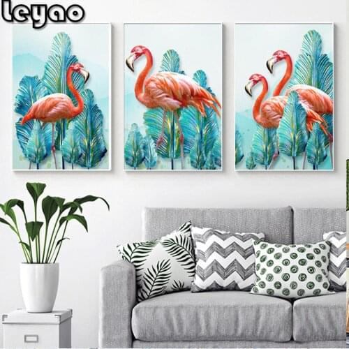 Triptych 3 Pieces/Set Beautiful Flamingo Green Leaves Bird diamond Painting Wall Art Pictures Home Decoration Living Room