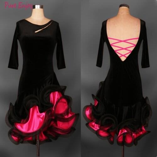 Women Latin Dancing Costumes Lycra Net Top velvet Skirt Salsa Samba Rumba India Ladies sexy Latin Dance Dress S-XXXXXXL
