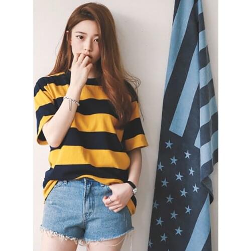 2019 Summer New T-Shirt Female Korean Version Casual Loose Striped Cute Short-Sleeved T-Shirt Women Fashion Trend O-Neck T-Shirt