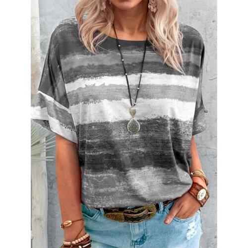 Womens New Summer Rainbow Gradient Short-Sleeved T-Shirt Female Striped Pullover Fashion Striped Casual O-Neck Loose Tops