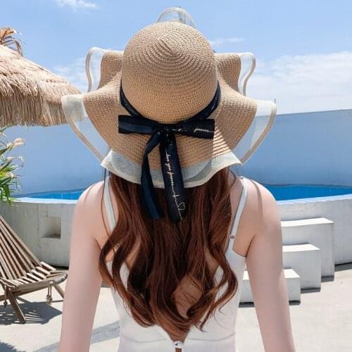 Lace ribbon Straw Hat Outdoor Women Ladies Girl Bow Tie Wave Sun hat Visor Sunscreen Caps Cute