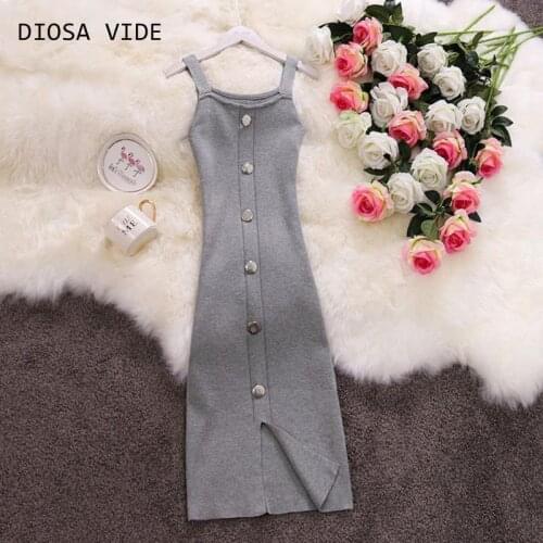 Temperament sling sleeveless single-breasted mid-length split knit dress female 2020 summer new style