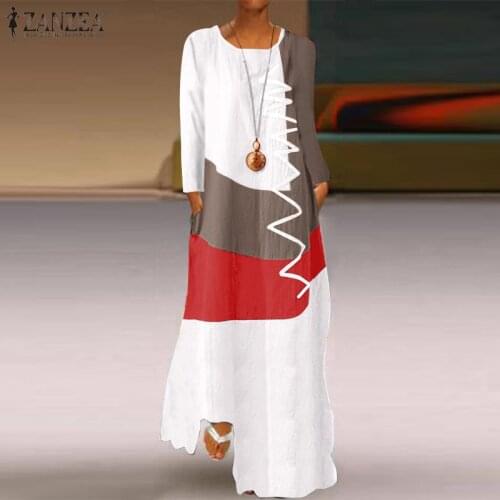 2021 ZANZEA Women Vintage Long Sleeve Dress Autumn Cotton Linen Sundress Casual Color Pacthwork Maxi Long Vestido Robe Kaftan