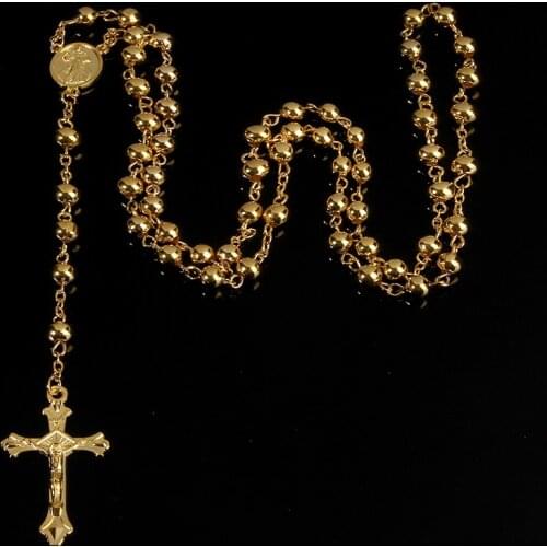 6MM imitation gold iron bead rosary necklace, high quality rosary necklace, beautiful cross pendant rose necklace