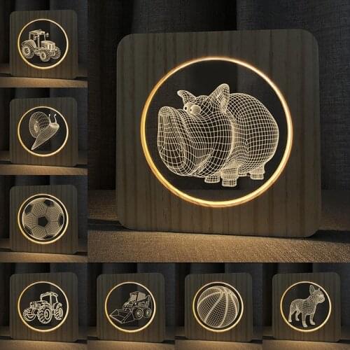 Acecorner 3D LED Tractor Bulldog Pig Animal Acrylic Wooden USB Night Lamp Table Light Carving Lamp for Childrens Room Decorate