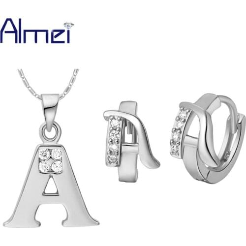 Almei Letter A B C D E F G H I J K L M N O P Q R S TU V W X Y Z Crystal Necklace Set Earrings Pendant Bridal Jewelry Sets T325