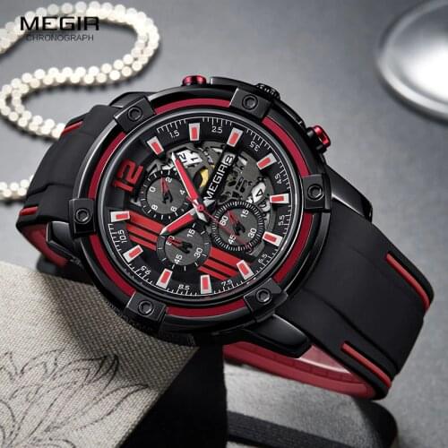 Megir Luxury Quartz Watches Men Silicone Military Sports Chronograph Stopwatch Man Wristwatch Top Brand Relogios 2097 Black Red