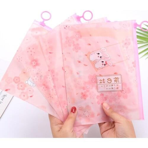 1PC PVC Ring Zipper Pencil Case Girls Pink Pencil Case Cute Cherry Rabbit Pen Bag Document Bag Stationery Pouch