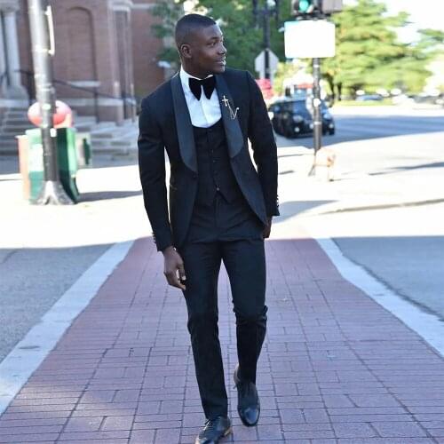 Black Mens Suits 3 Pieces Slim Fit Prom Goomsman Tuxedos Tweed Shawl Lapel Wedding Grooms Blazer Vest Pants Wholesale 2021